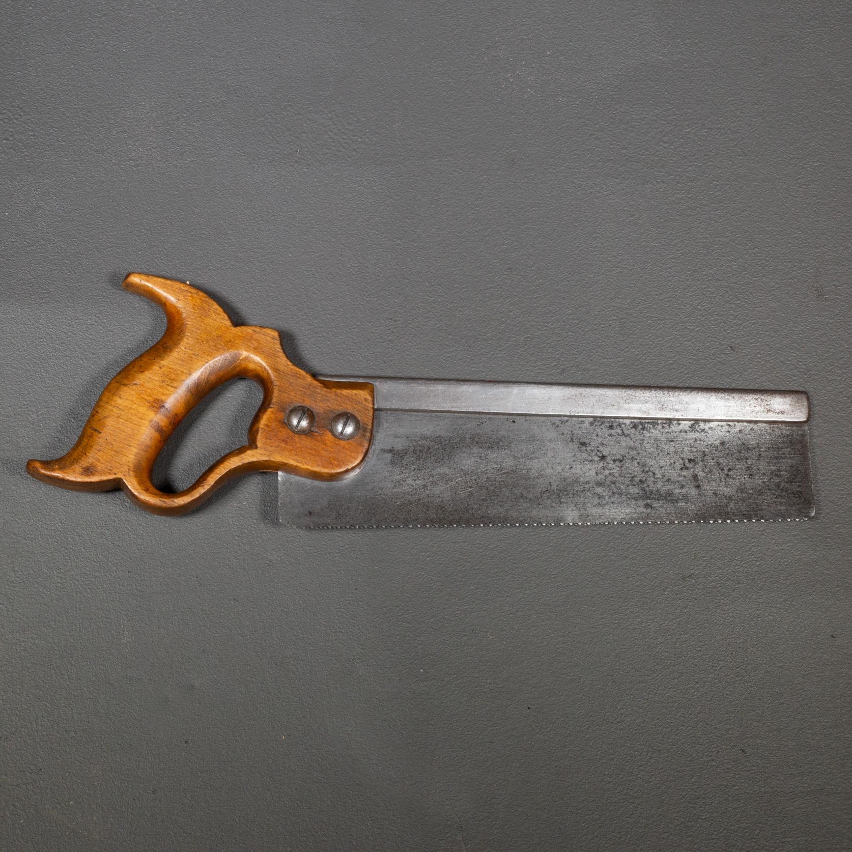 ABOUT

Vintage back saws with hand carved wood handles, brass labels and steel blades.

    CREATOR Attributed to Disston and Sons, Inc. 
    DATE OF MANUFACTURE c.1940s.
    MATERIALS AND TECHNIQUES Steel, Wood, Brass
    CONDITION Good. Wear