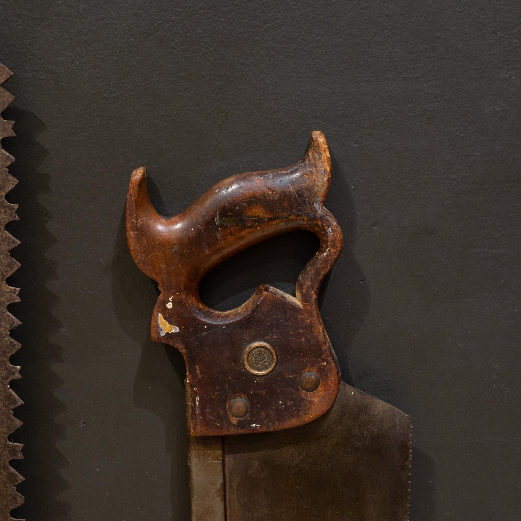 ABOUT

Price per item. 

Vintage saws with hand carved wood handles, brass labels, brass screws and steel blades. Two have brass backs. 

    CREATOR Disston and Sons, Inc. 
    DATE OF MANUFACTURE c.1940s.
    MATERIALS AND TECHNIQUES Steel, Wood,