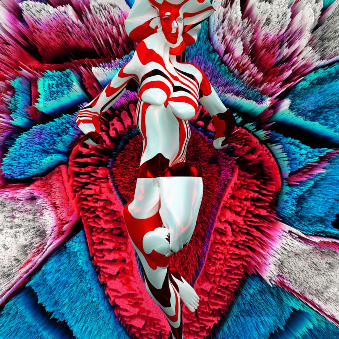 GlitchGoddess with Glitched AI GAN Generated Painting of Uterus and Ovaries
