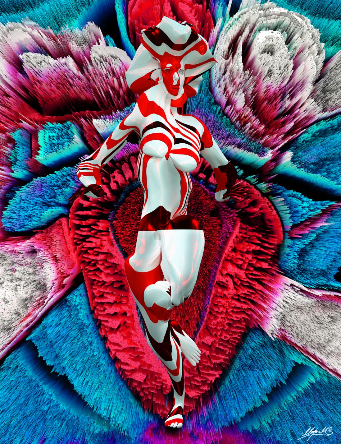GlitchGoddess with Glitched AI GAN Generated Painting of Uterus and Ovaries