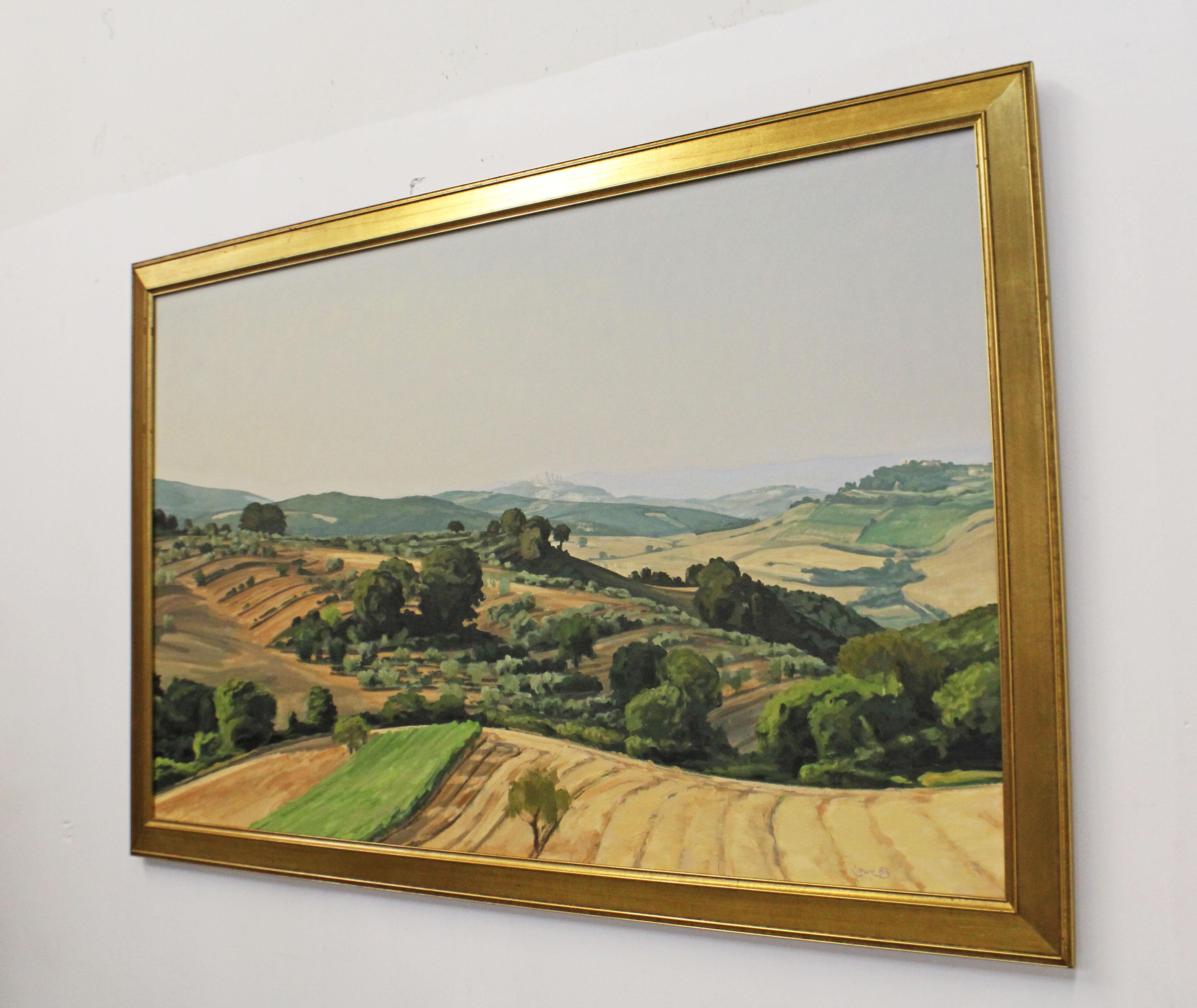 Offered is a vintage framed oil painting on canvas entitled 'Distant View of San Gimignano', signed 'Lowe, 83'. Features a gorgeous landscape view of the San Gimignano country side with a distant view of the Piazza della Cisterna. Includes a gold