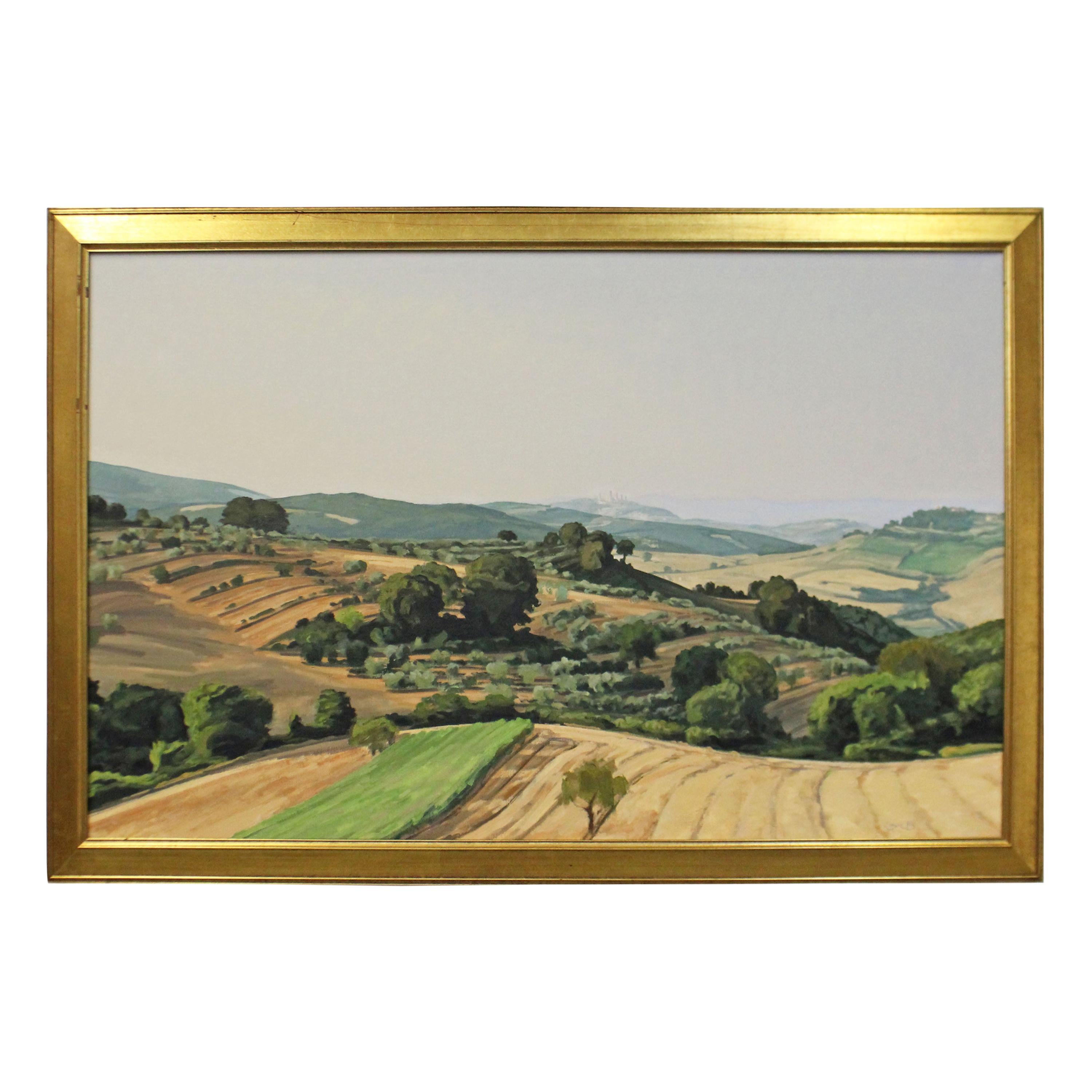 Distant View of San Gimignano Tuscan Country Side Landscape Art Oil Painting