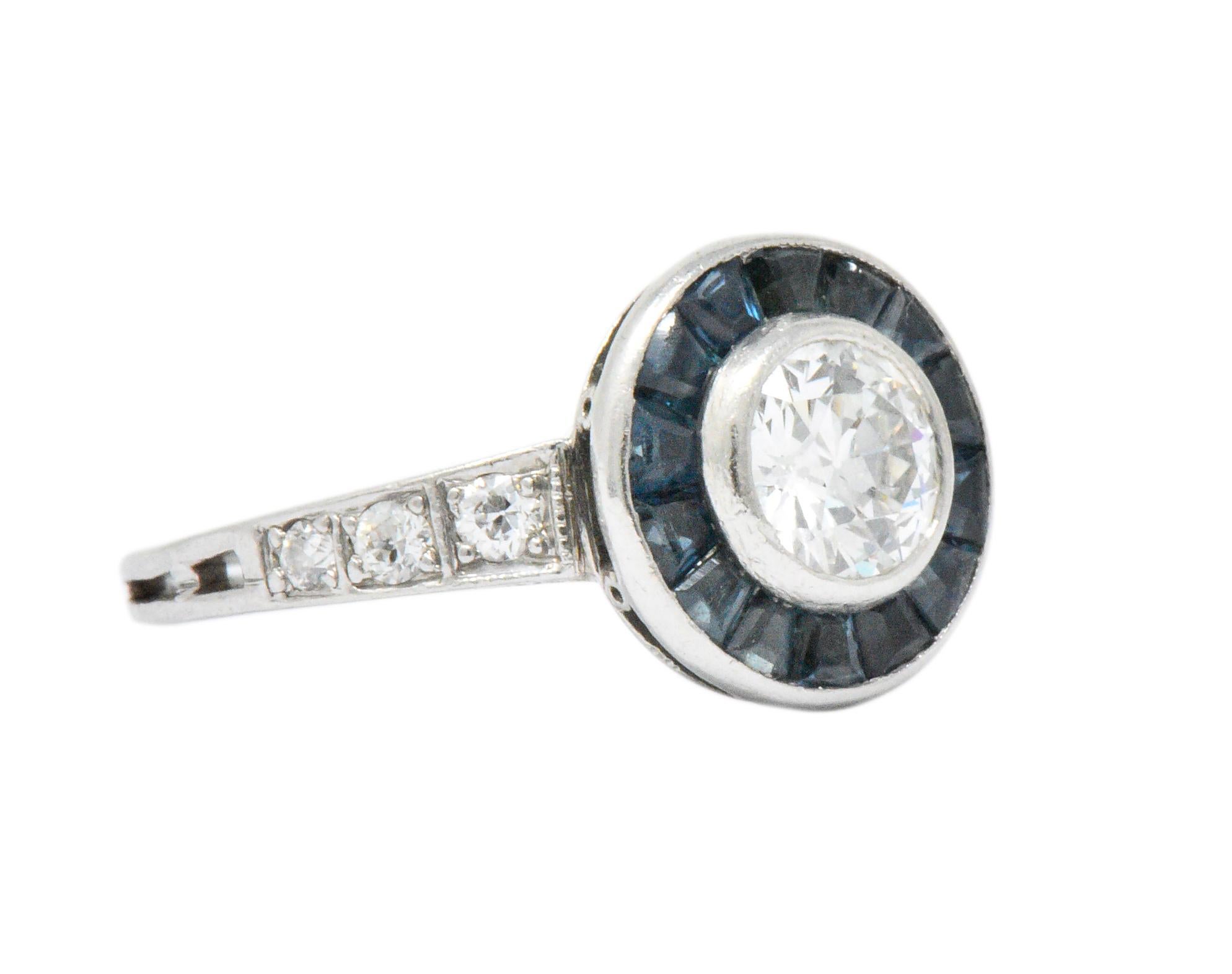 Old European Cut Distinct Art Deco Old European Diamond Sapphire Platinum Ring