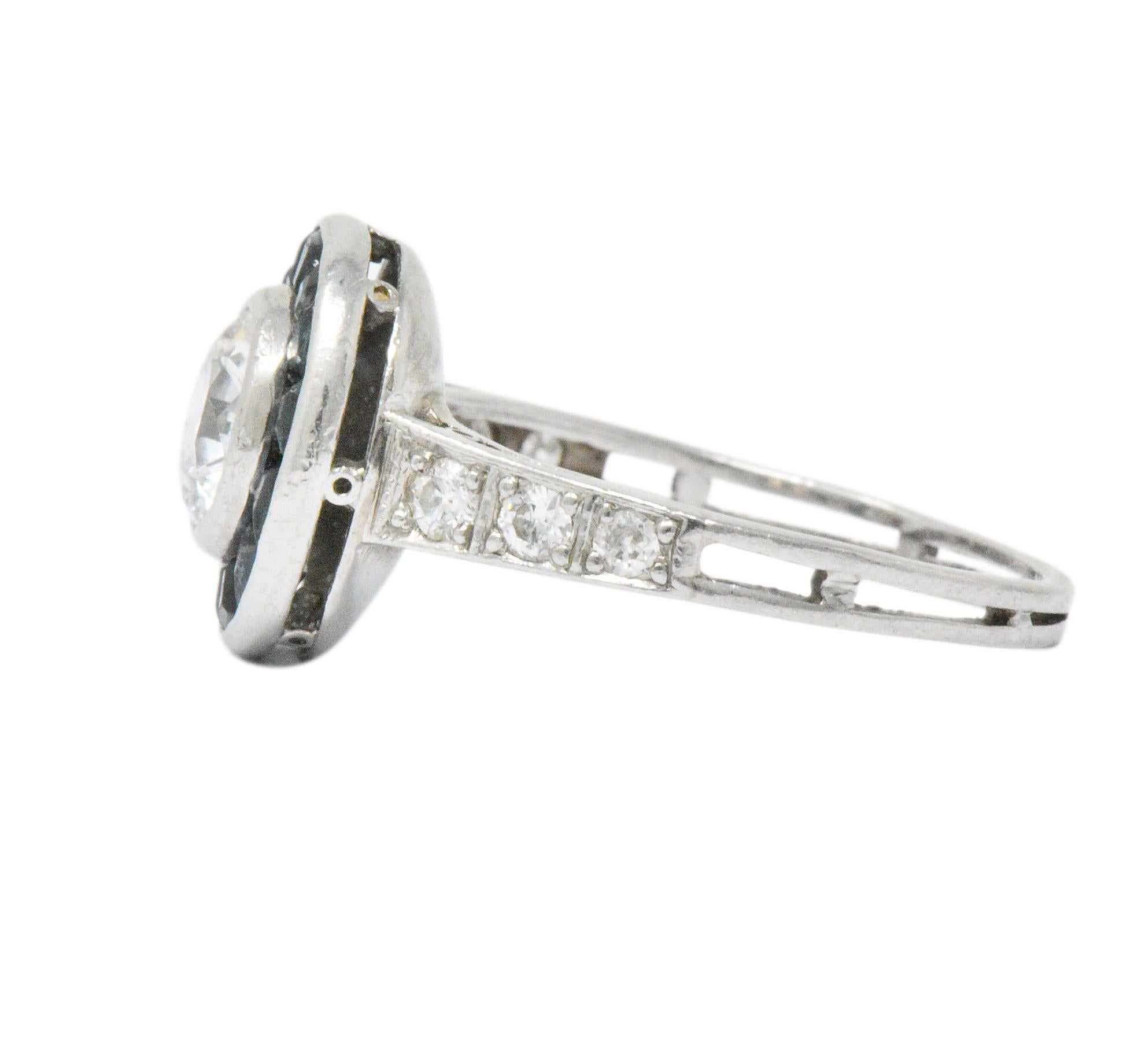 Distinct Art Deco Old European Diamond Sapphire Platinum Ring In Excellent Condition In Philadelphia, PA