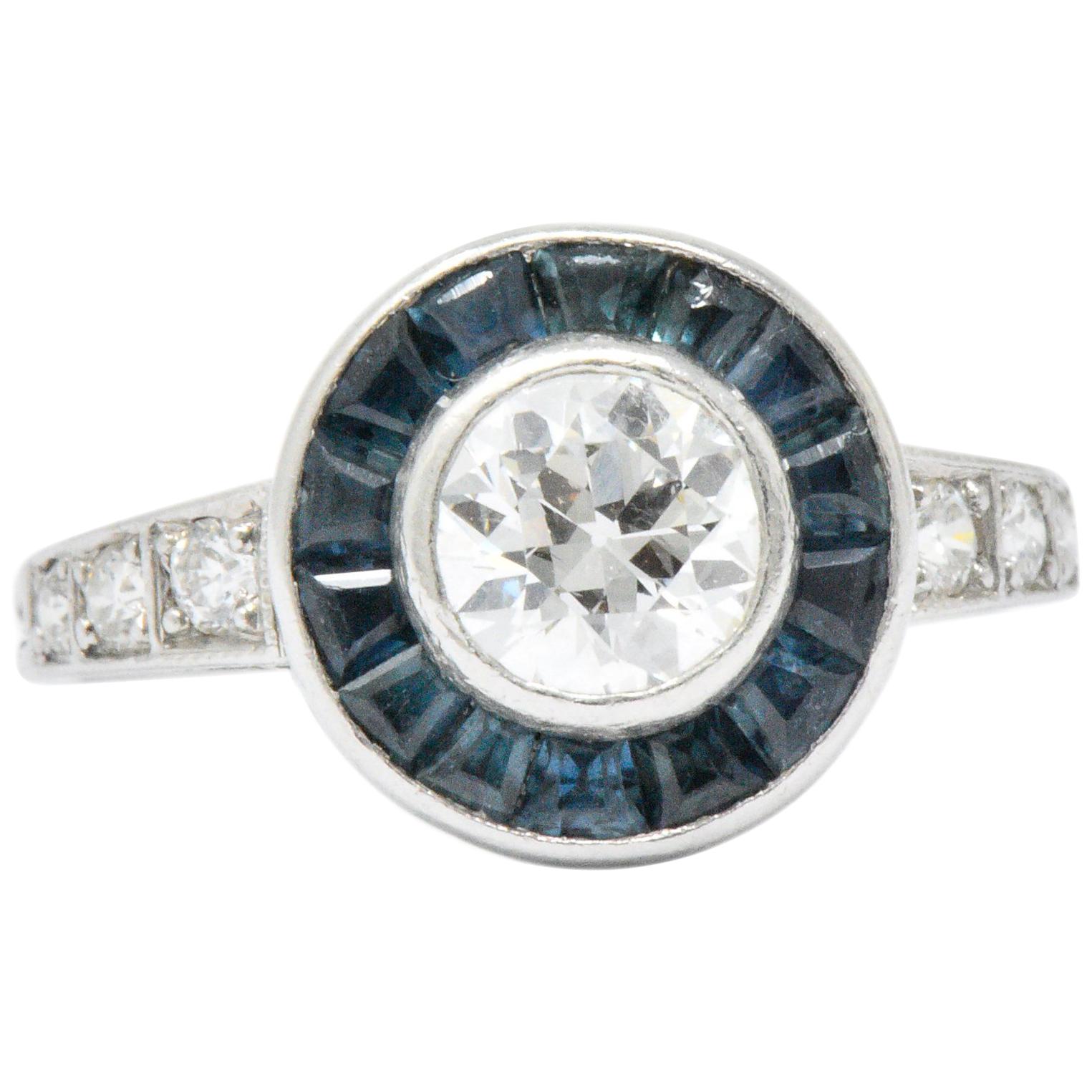 Distinct Art Deco Old European Diamond Sapphire Platinum Ring