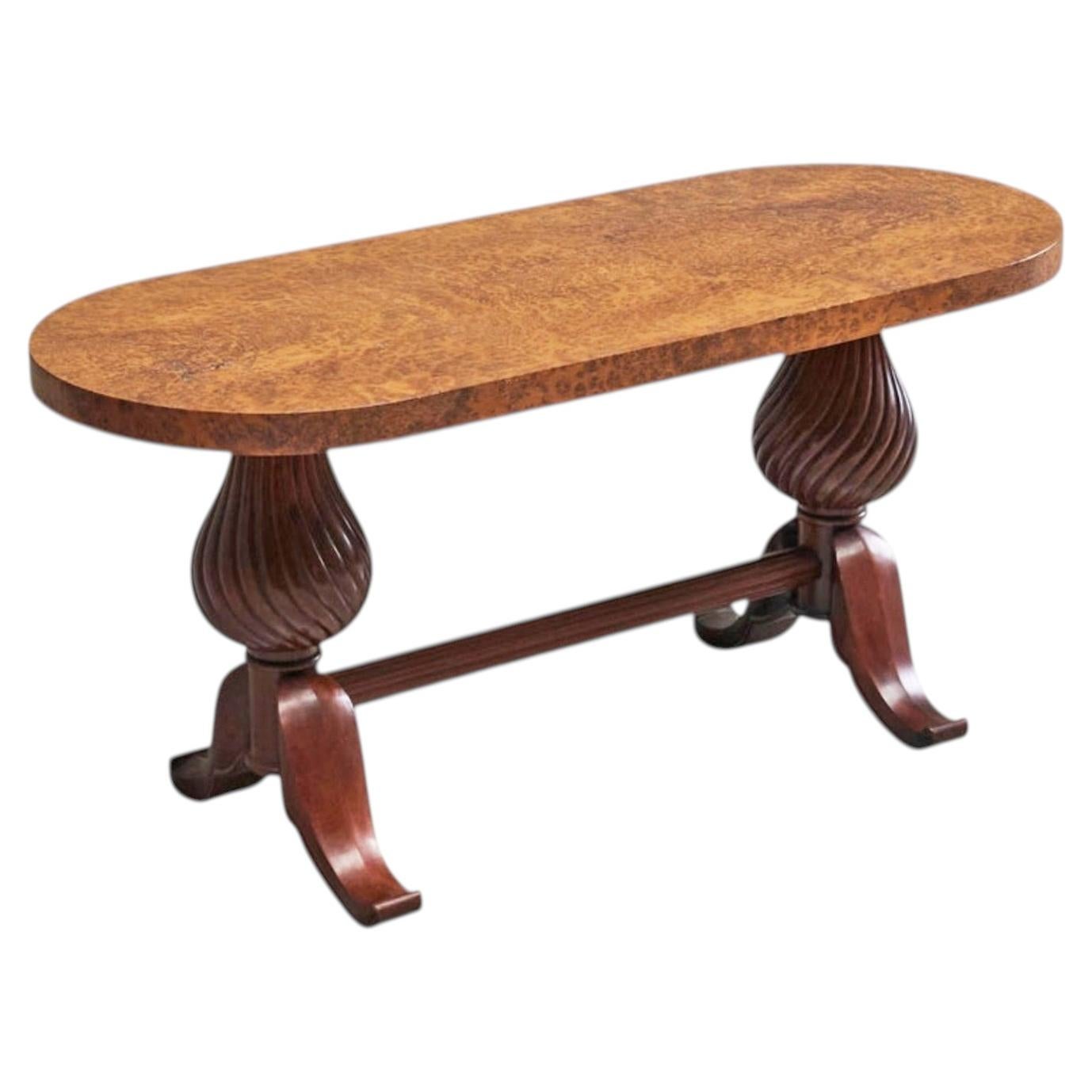Distinct French Art Deco Burlwood Coffee Table with Carved Torsade Legs 1930s