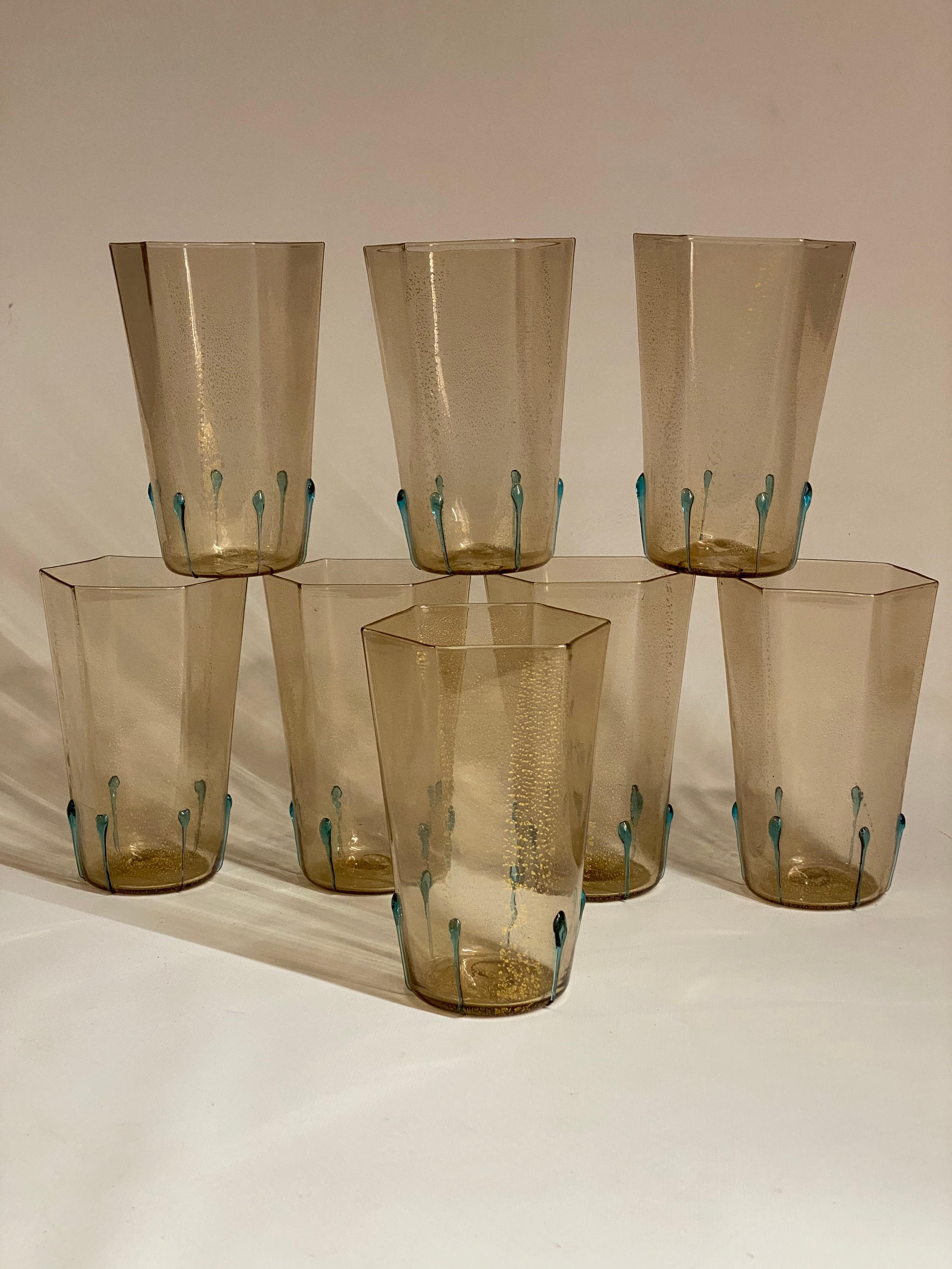 Mid-Century Modern Distinct Murano Hexagonal Aventurine Drinking Glasses, Set of Eight