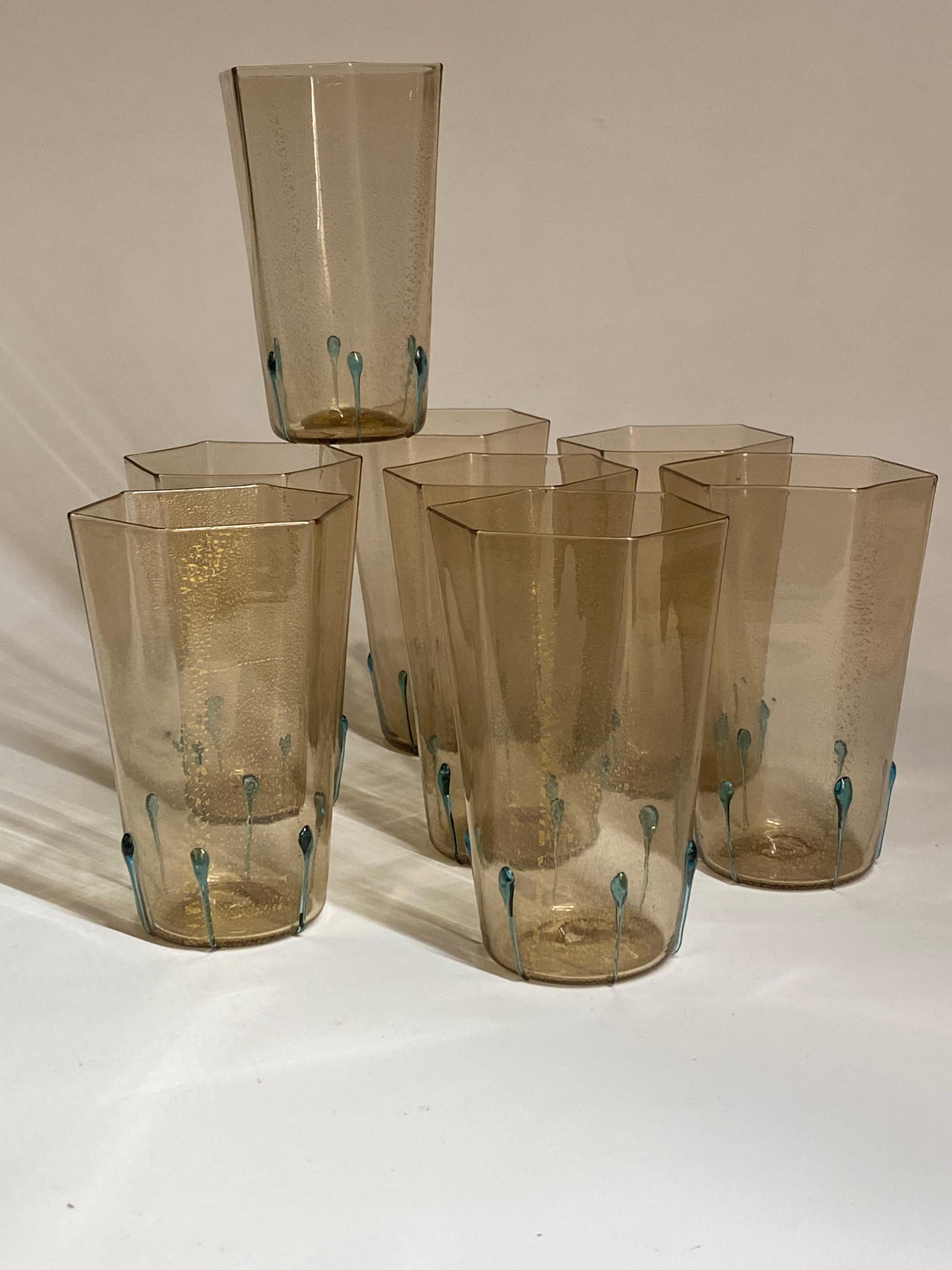 Italian Distinct Murano Hexagonal Aventurine Drinking Glasses, Set of Eight