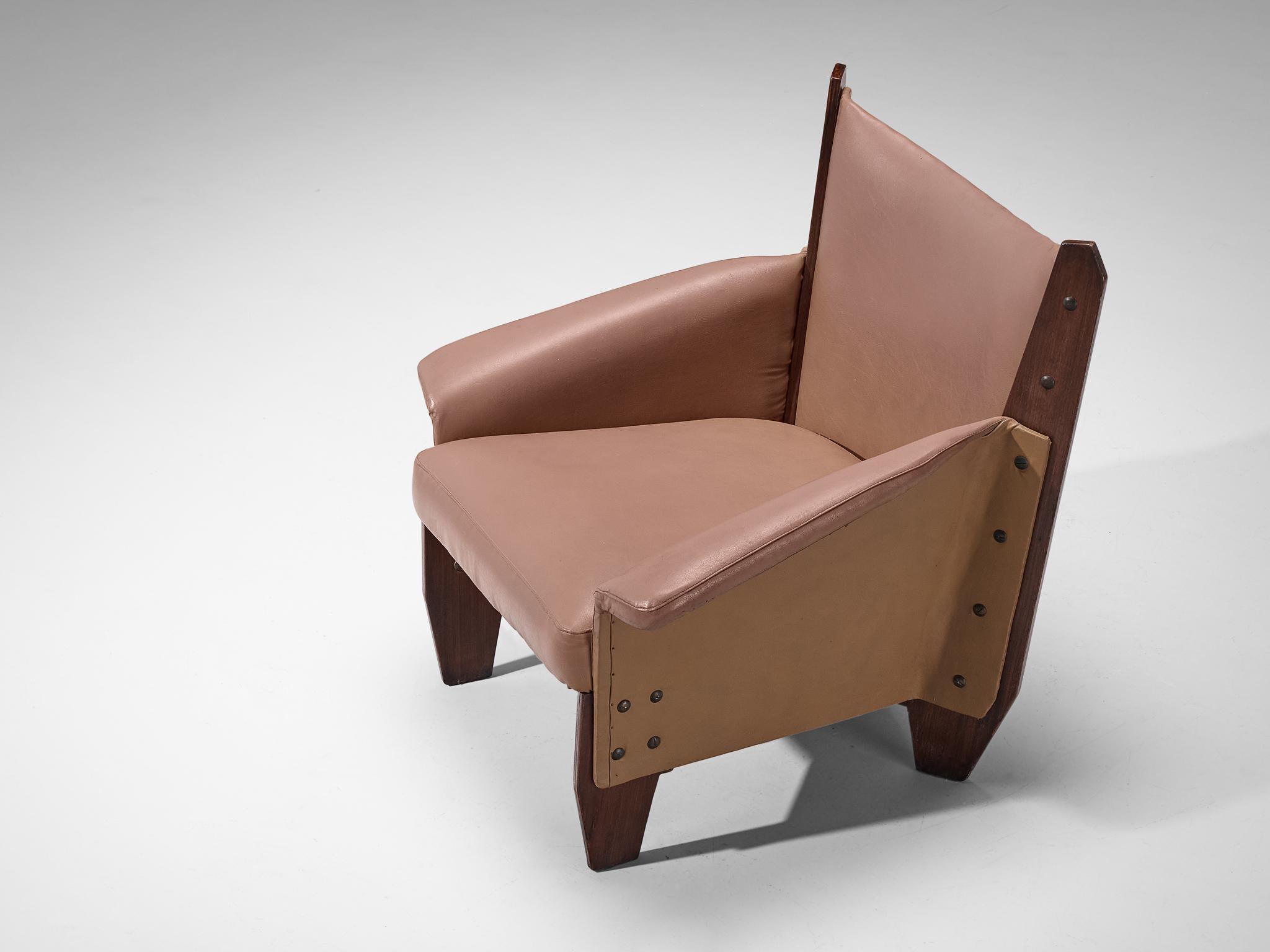 Distinct Pair of Italian Lounge Chairs in Plywood and Camel Pink Upholstery 5