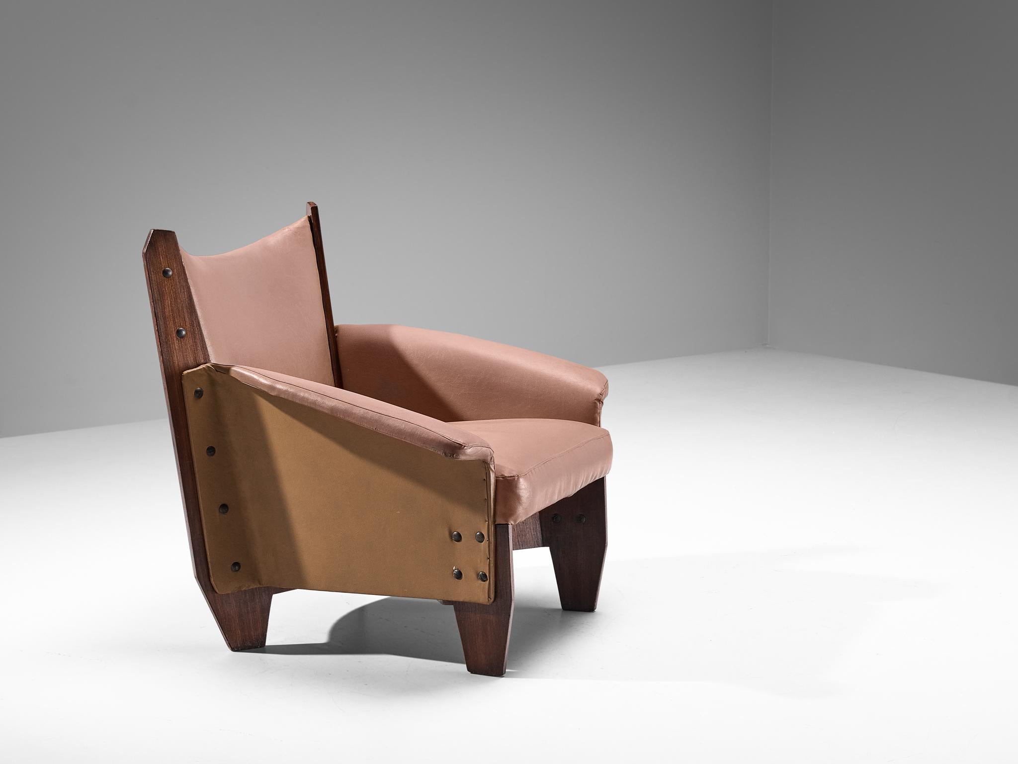 Distinct Pair of Italian Lounge Chairs in Plywood and Camel Pink Upholstery  For Sale 2