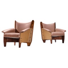 Distinct Pair of Italian Lounge Chairs in Plywood and Camel Pink Upholstery