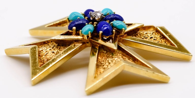 Byzantine Distinctive 18K Gold Diamond Lapis Turquoise Maltese Cross For Sale