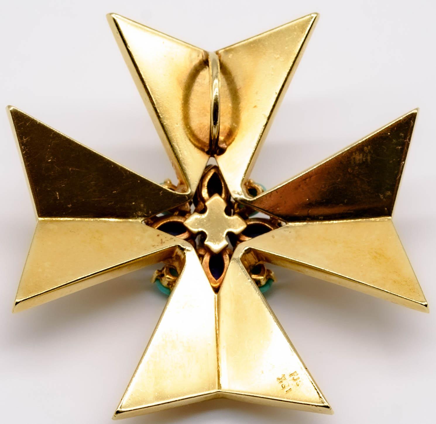 Brilliant Cut Distinctive 18K Gold Diamond Lapis Turquoise Maltese Cross