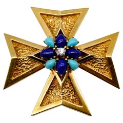 Distinctive 18K Gold Diamond Lapis Turquoise Maltese Cross