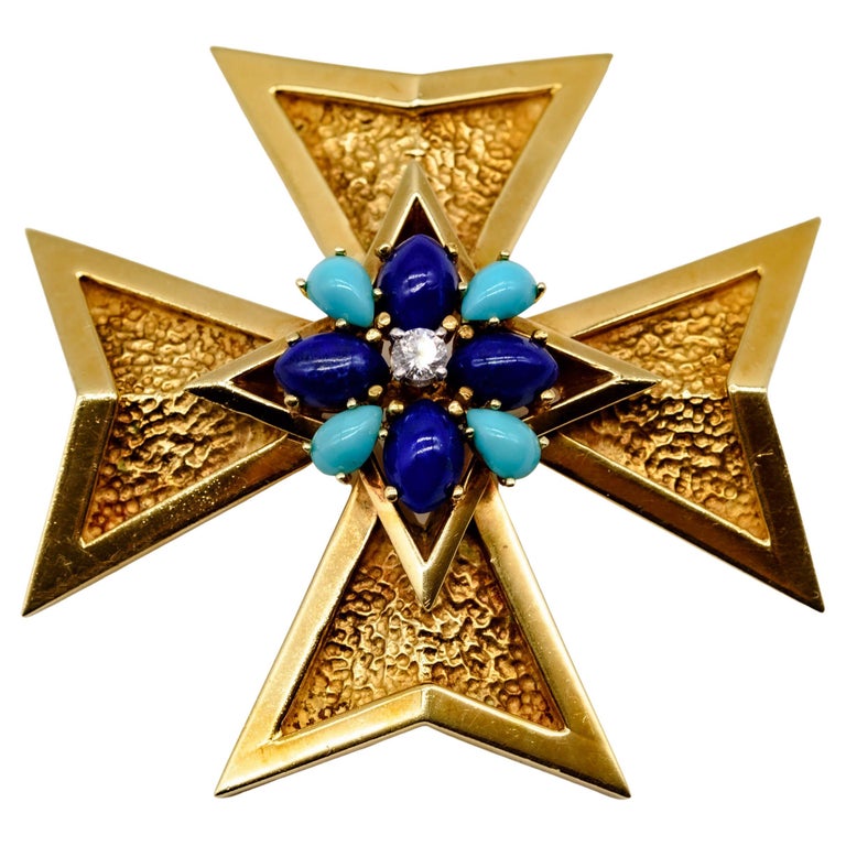 Distinctive 18K Gold Diamond Lapis Turquoise Maltese Cross For Sale