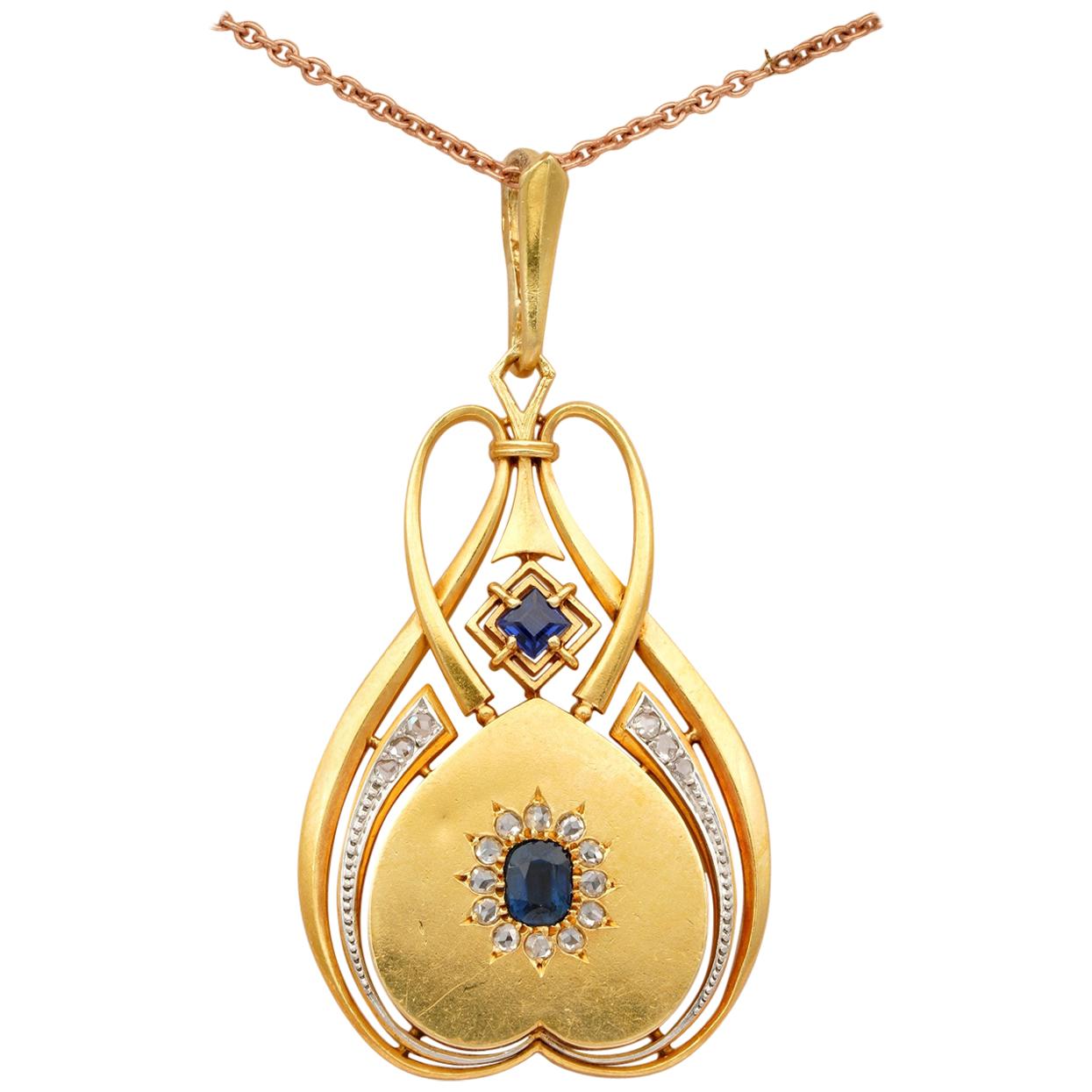 Distinctive Art Nouveau Sapphire Diamond 18 Karat Locket For Sale