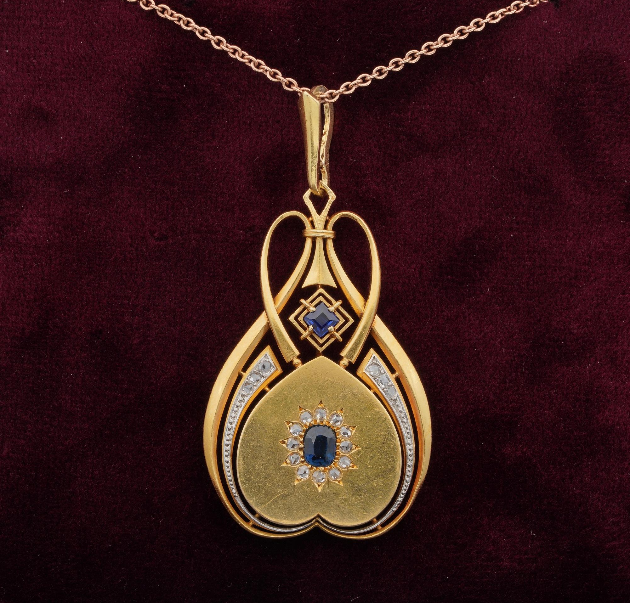 Treasure Keeper

Ravishing Art Nouveau treasure 1890 ca - beautifully hand modelled of solid 18 KT gold
Unusual shape so distinctive of Nouveau, rendered with sinuous lines framing a hearth shaped upside down with a very flat body, keeping the