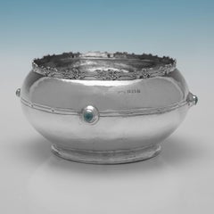 Distinctive Arts & Crafts Silver Bowl by A.E. Jones with Ruskin pottery roundels