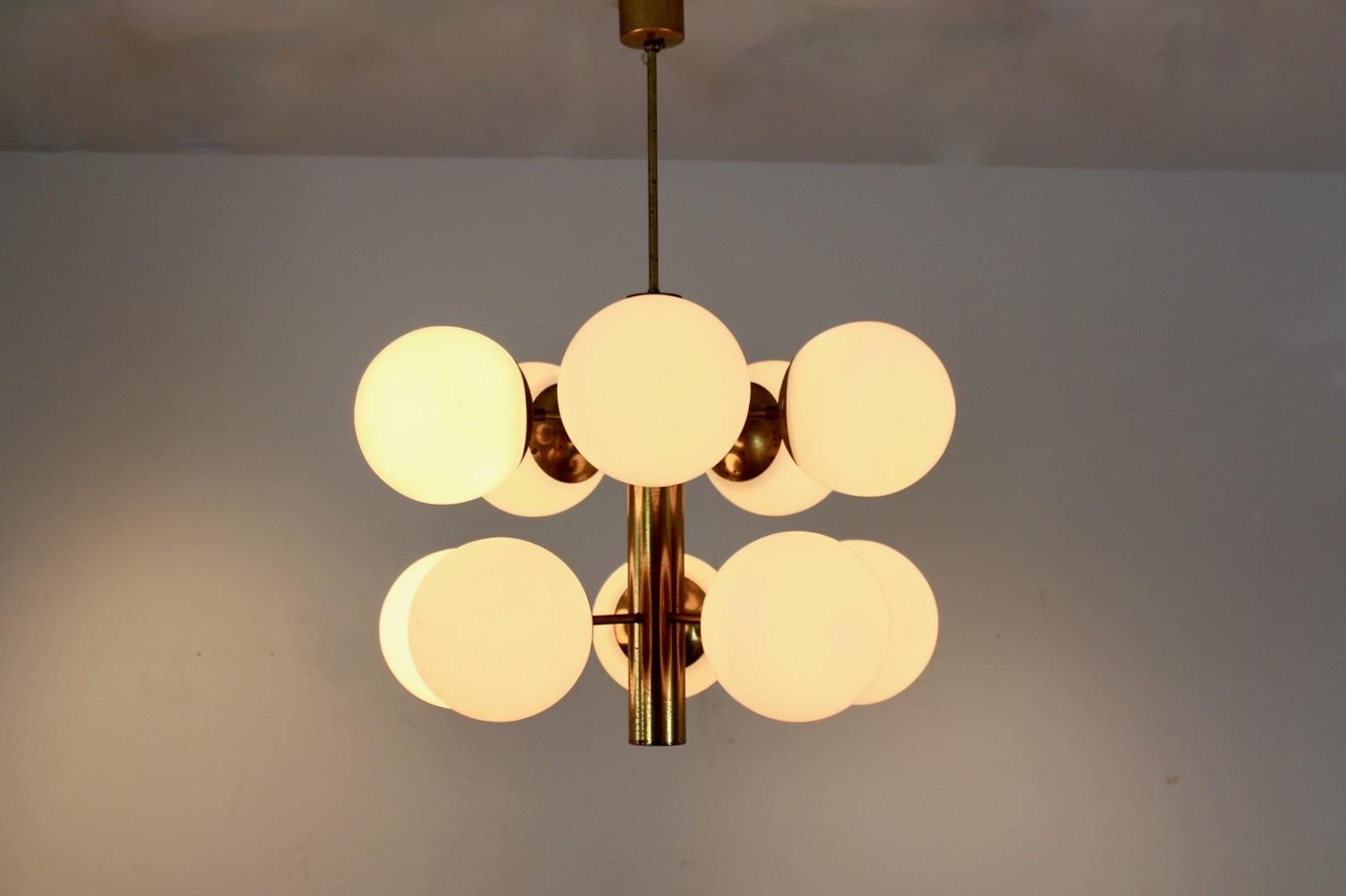 Distinctive Brass and Opaline Glass Chandelier, France, 70s 4