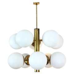 Distinctive Brass and Opaline Glass Chandelier, France, 70s