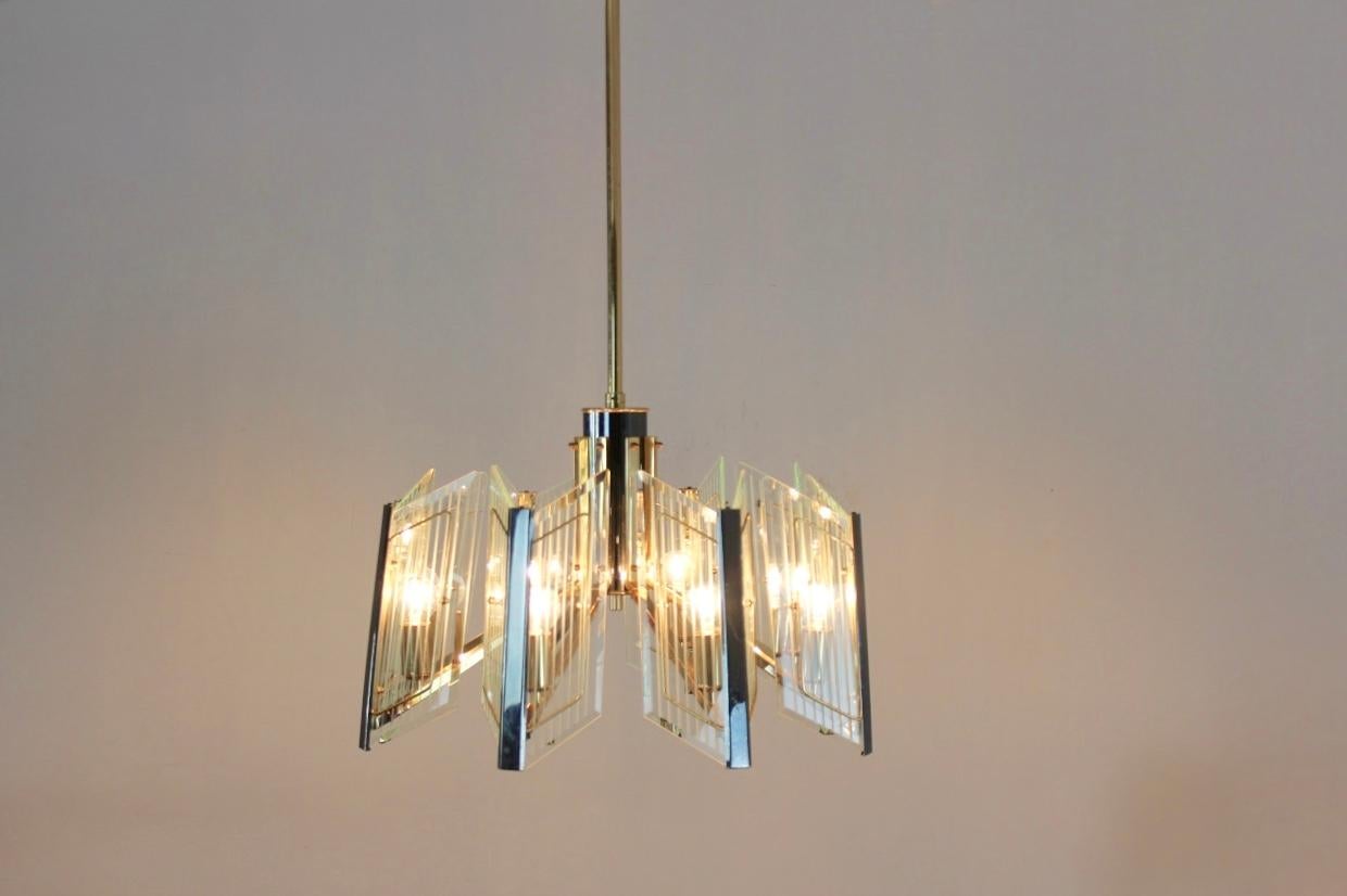 Distinctive Brass Etched Glass Chandelier, France, 1960s In Good Condition For Sale In Voorburg, NL