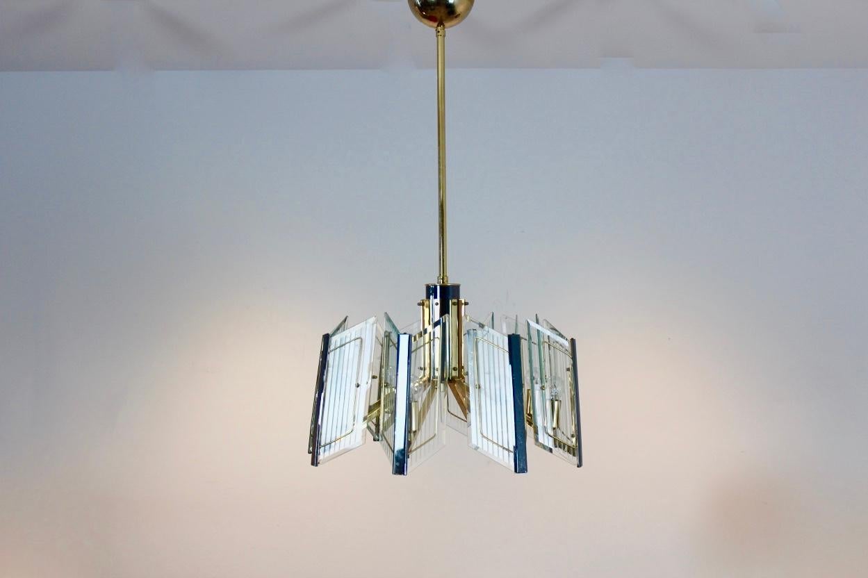 20th Century Distinctive Brass Etched Glass Chandelier, France, 1960s For Sale