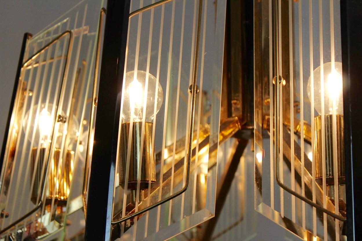 Distinctive Brass Etched Glass Chandelier, France, 1960s For Sale 1