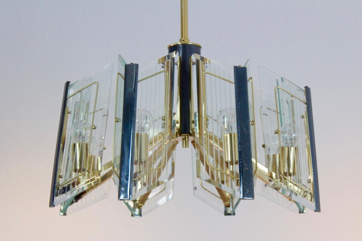 Distinctive Brass Etched Glass Chandelier, France, 1960s For Sale 2