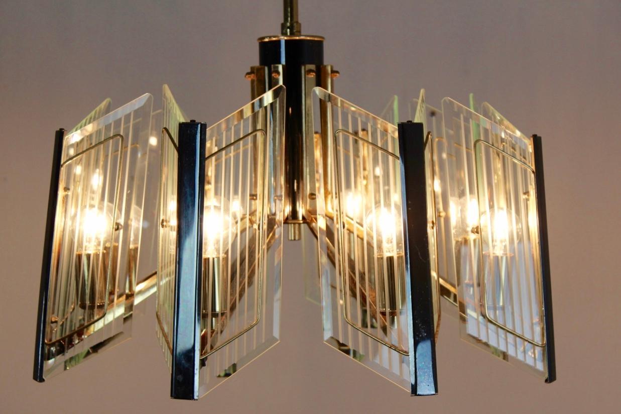 Distinctive Brass Etched Glass Chandelier, France, 1960s For Sale 3