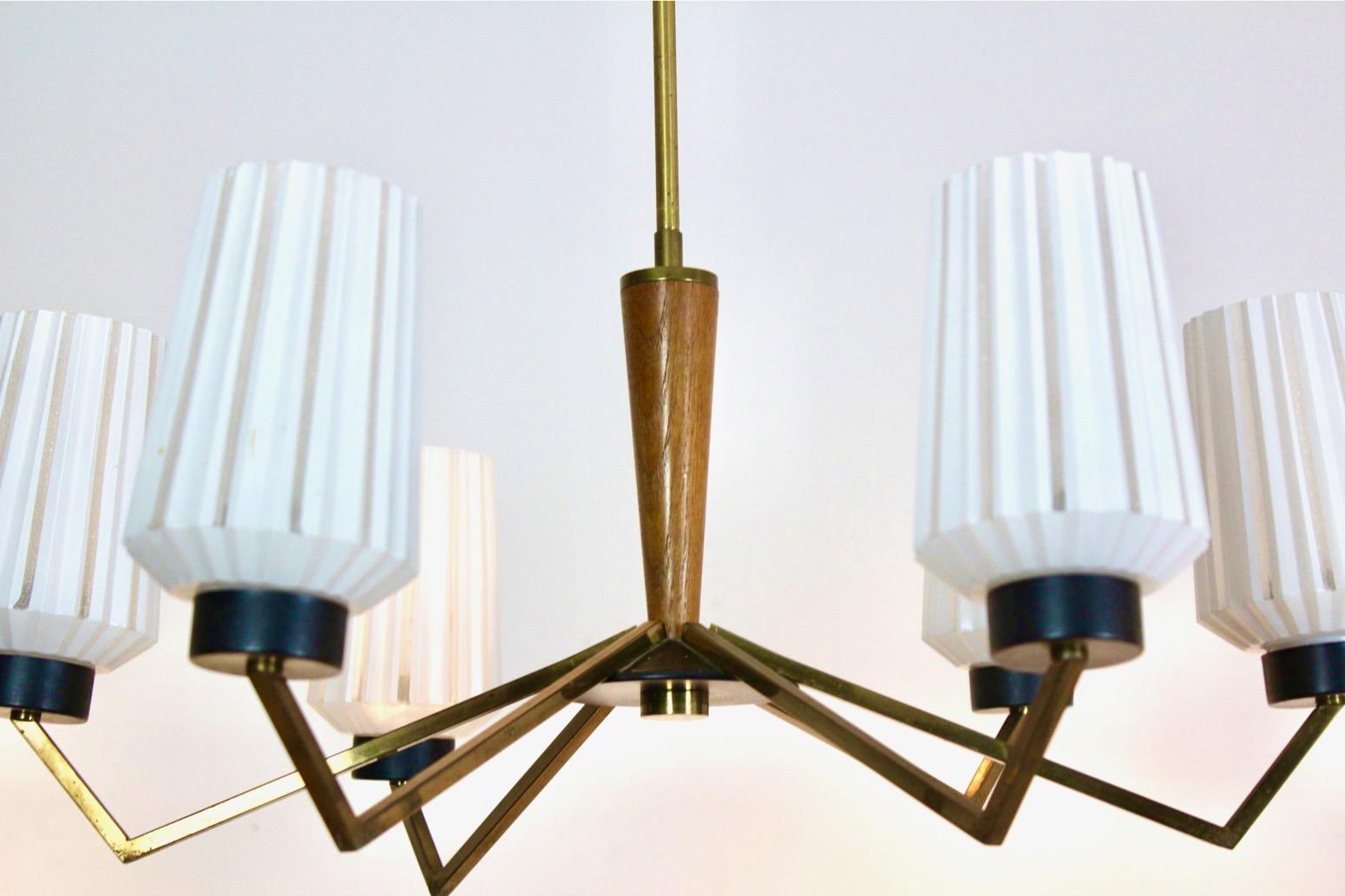 Lampadario distintivo in ottone, Wood e vetro opalino in vendita 4