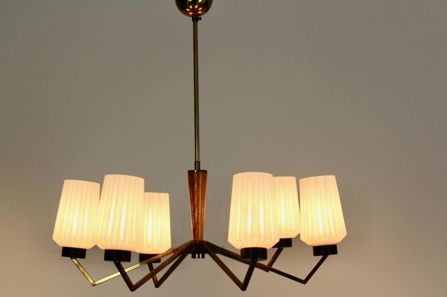 Lampadario distintivo in ottone, Wood e vetro opalino in vendita 5