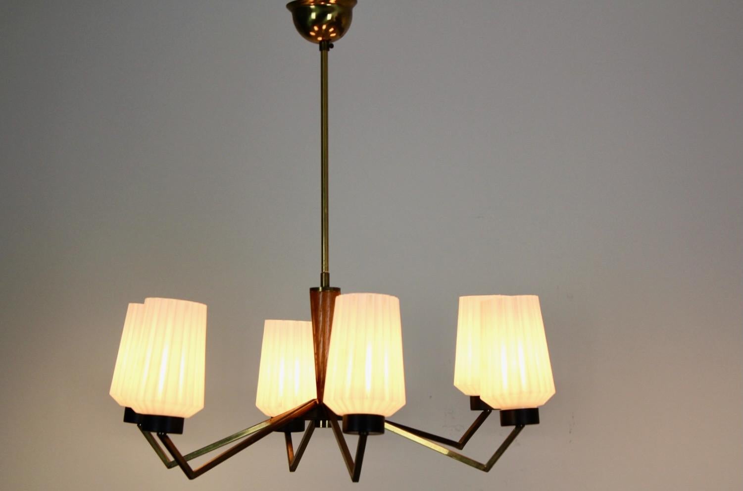Lampadario unico con sei bracci in ottone e paralumi in vetro opalino molto belli. Prodotto in Belgio negli anni '50. Con alcuni accenti in ottone e legno che completano lo stile. Tutti in ottime condizioni con normali segni di usura e utilizzo. Con