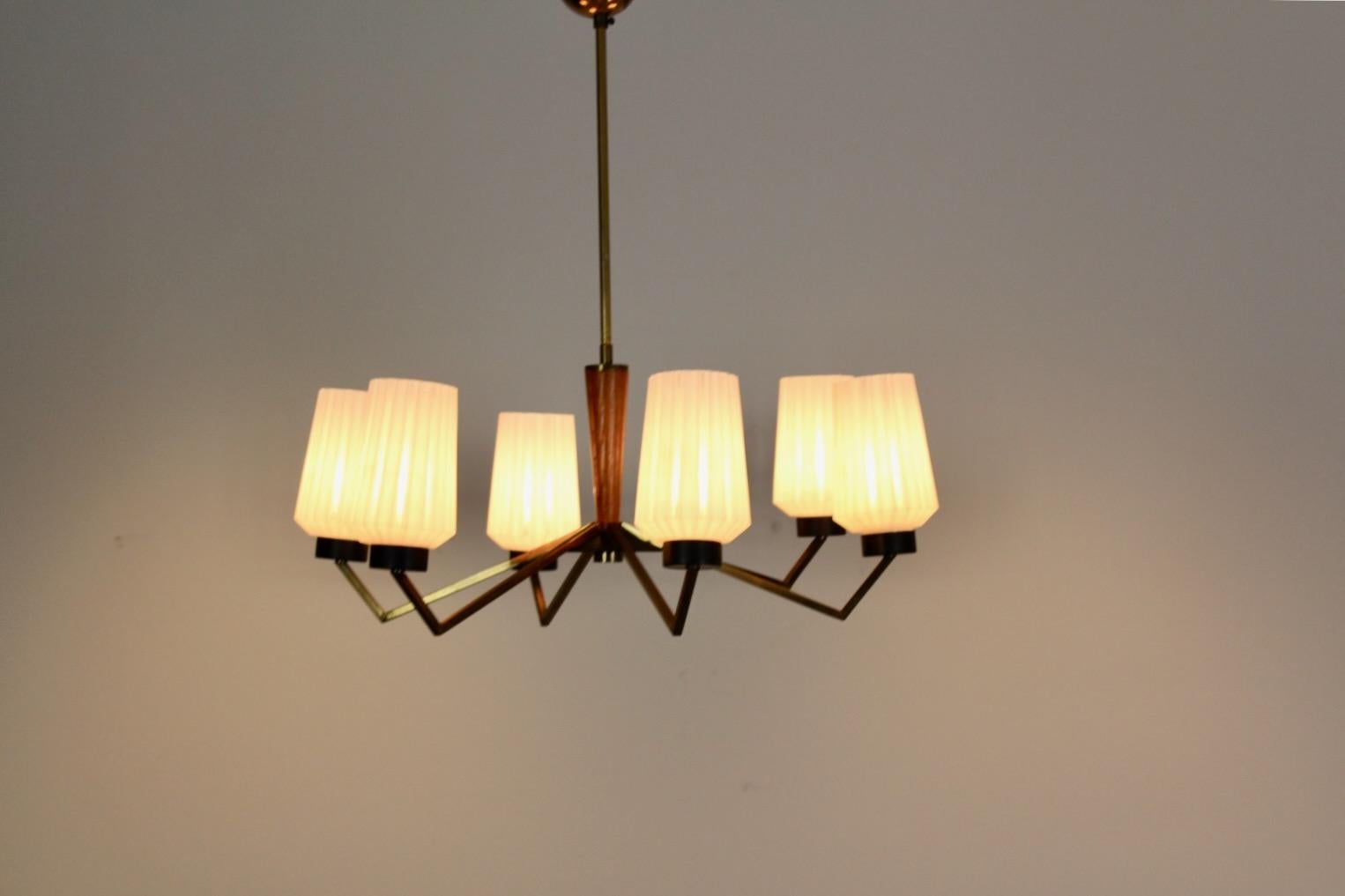 Belga Lampadario distintivo in ottone, Wood e vetro opalino in vendita