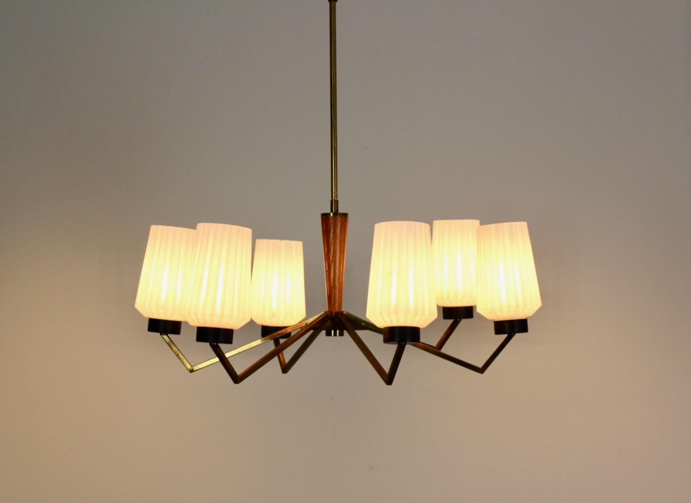 XX secolo Lampadario distintivo in ottone, Wood e vetro opalino in vendita