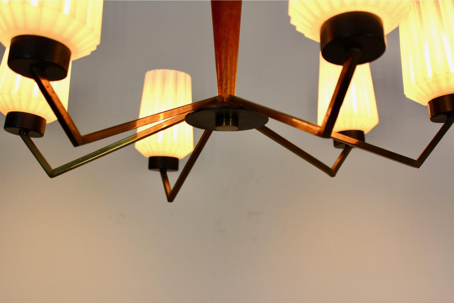 Lampadario distintivo in ottone, Wood e vetro opalino in vendita 1