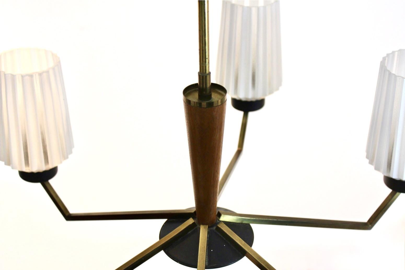 Lampadario distintivo in ottone, Wood e vetro opalino in vendita 2