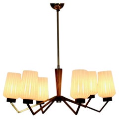 Vintage Distinctive Brass, Wood & Opaline Glass Chandelier