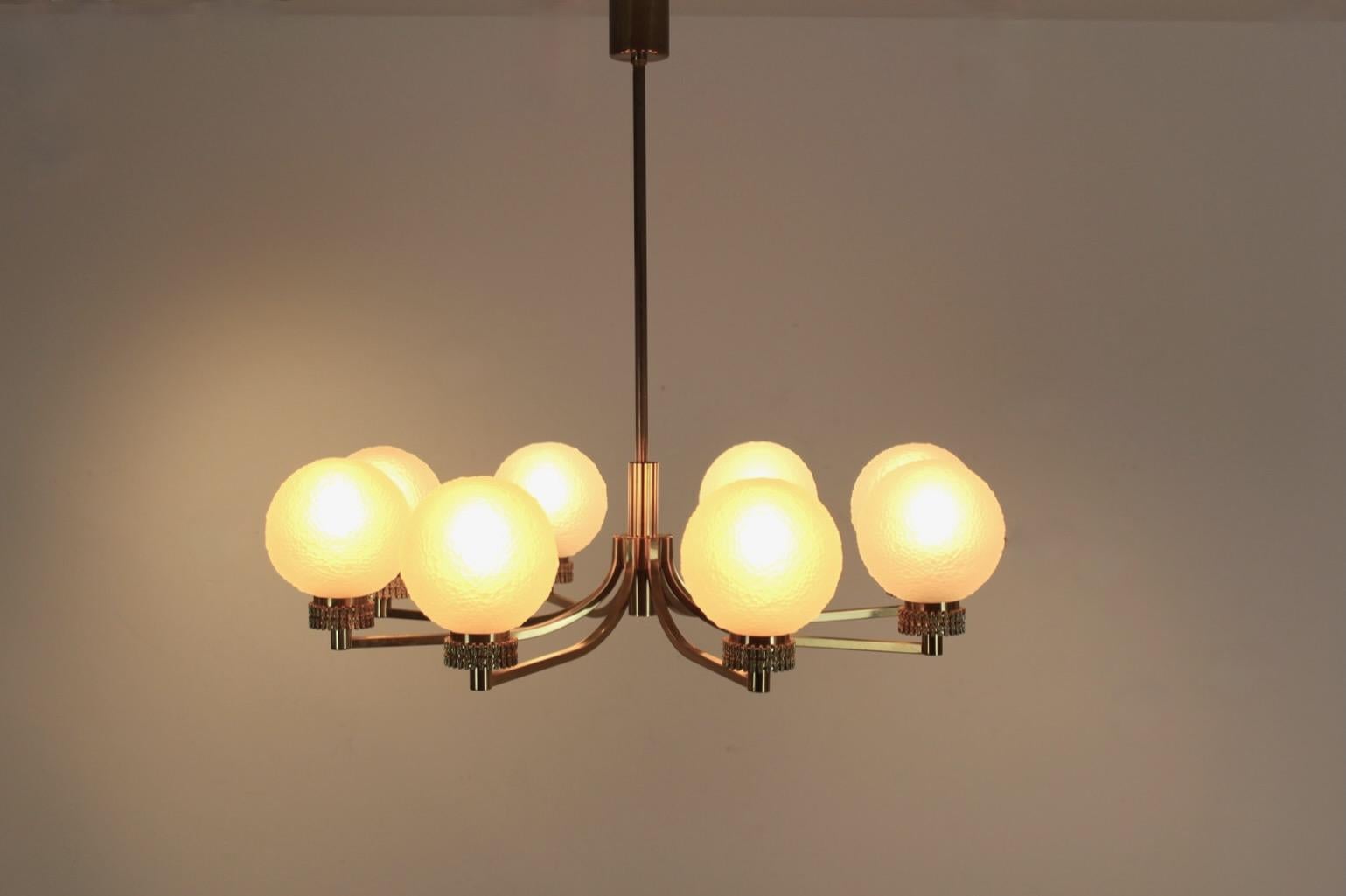 Mid-Century Modern Distinctive French Brass and Frozen Glass Chandelier For Sale