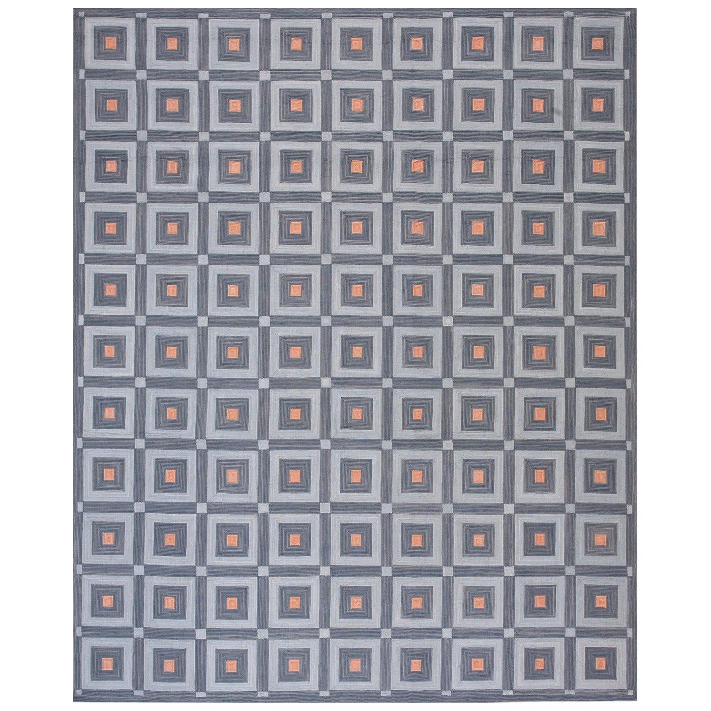 Distinctive Gray Square Pattern Color Contemporary Cotton Hooked Rug 8 x 10 For Sale
