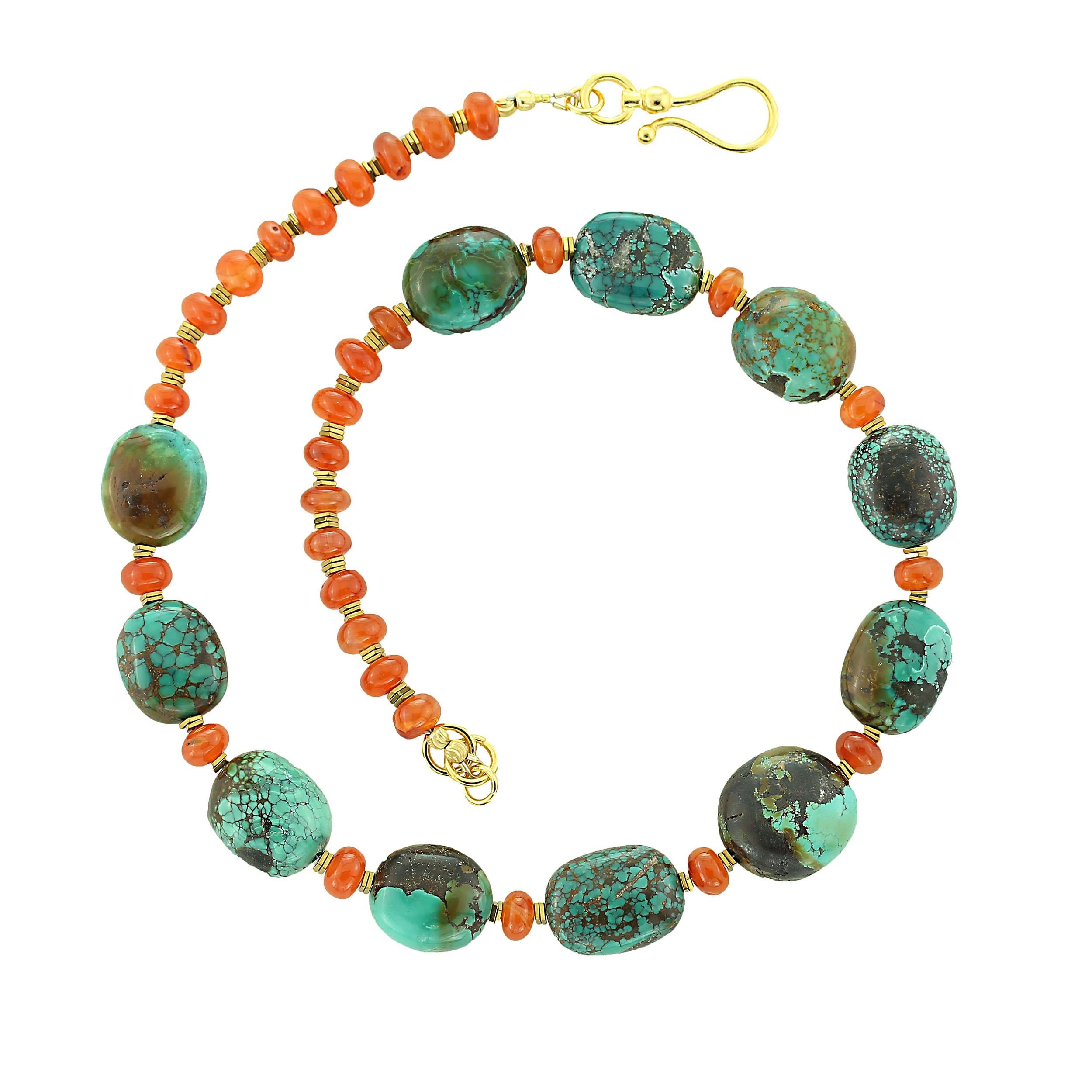 Bead AJD Distinctive Hubei Turquoise Nugget and Carnelian Necklace