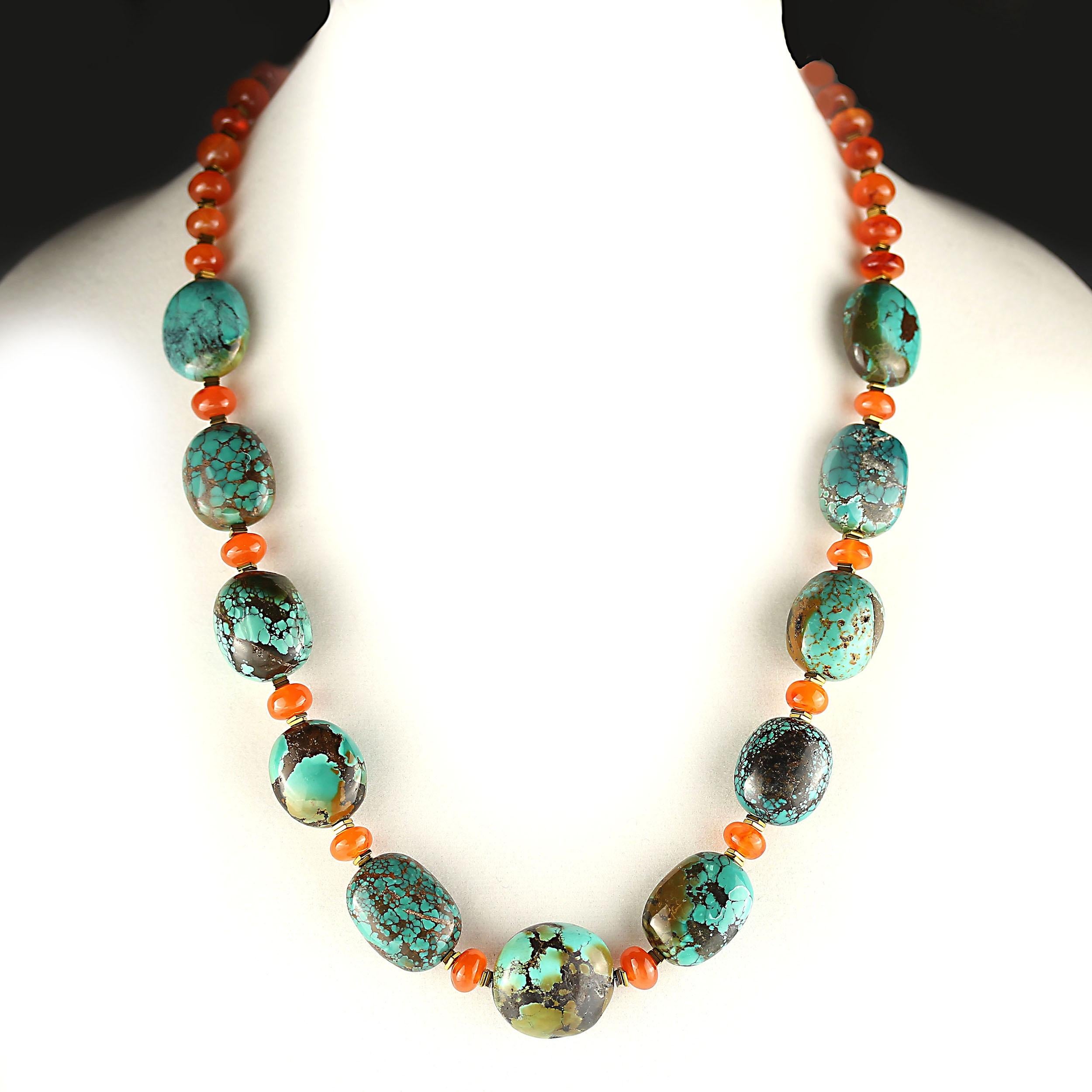 Women's or Men's AJD Distinctive Hubei Turquoise Nugget and Carnelian Necklace