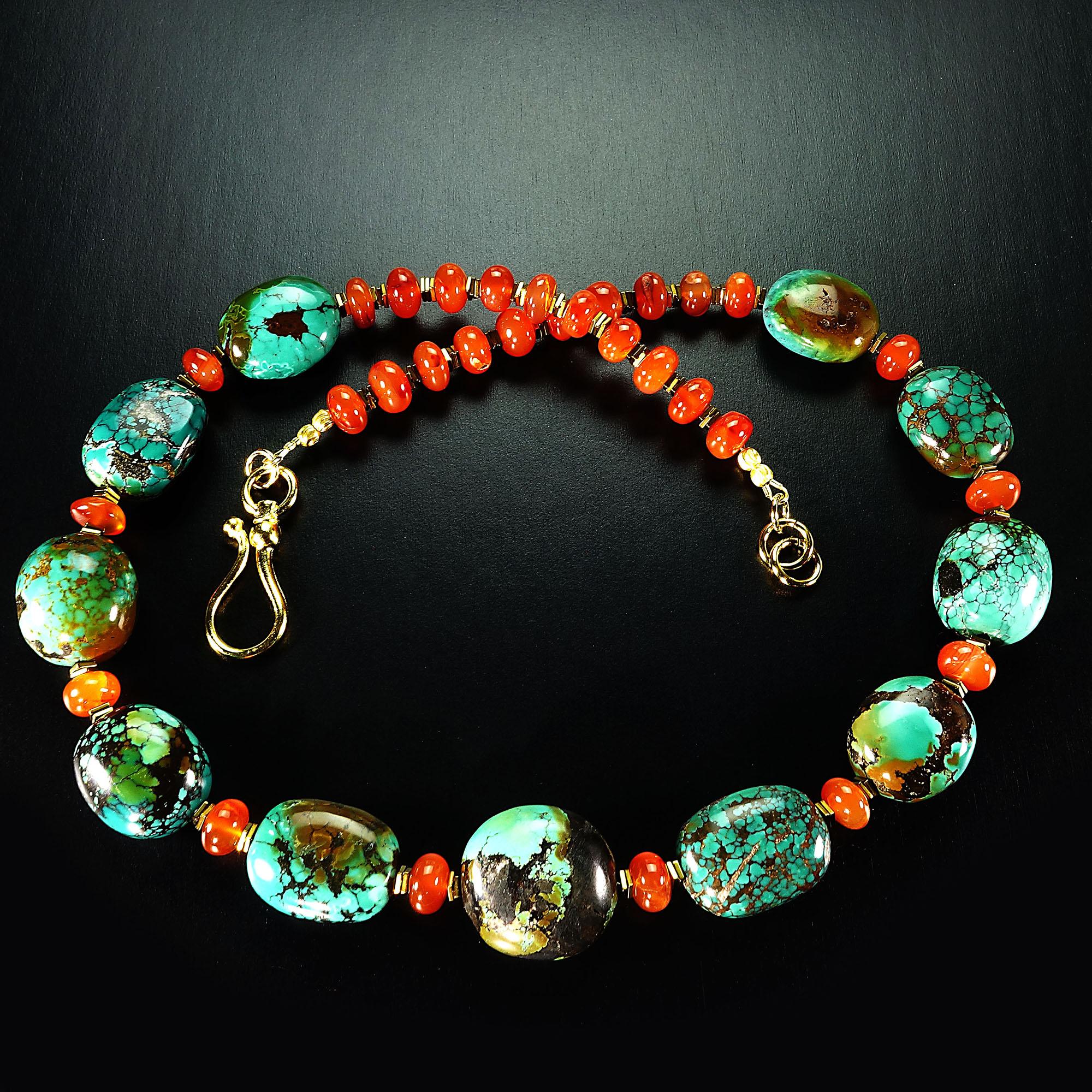 AJD Distinctive Hubei Turquoise Nugget and Carnelian Necklace In New Condition In Raleigh, NC
