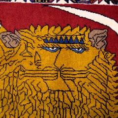Distinctive Majestic Persian Lion with Sword Rug in Gold, Red, and Blue