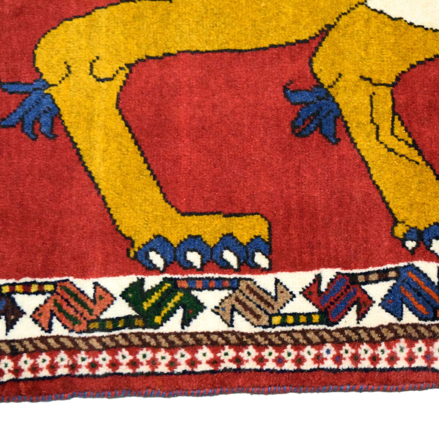 Late 20th Century Distinctive Majestic Persian Lion with Sword Rug in Gold, Red, and Blue
