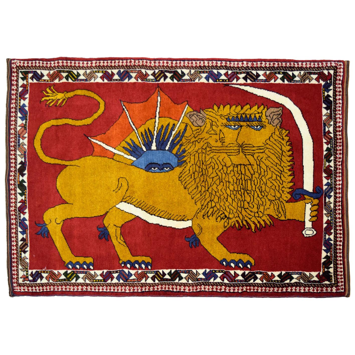 Distinctive Majestic Persian Lion with Sword Rug in Gold, Red, and Blue