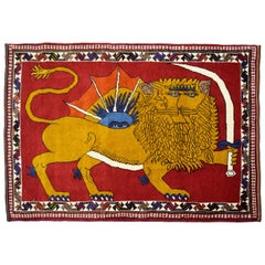 Distinctive Majestic Persian Lion with Sword Rug in Gold, Red, and Blue