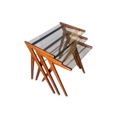 Distinctive Mid-Century Modern Teak Nesting Tables Glass Tops and Z-Leg c. 1960s