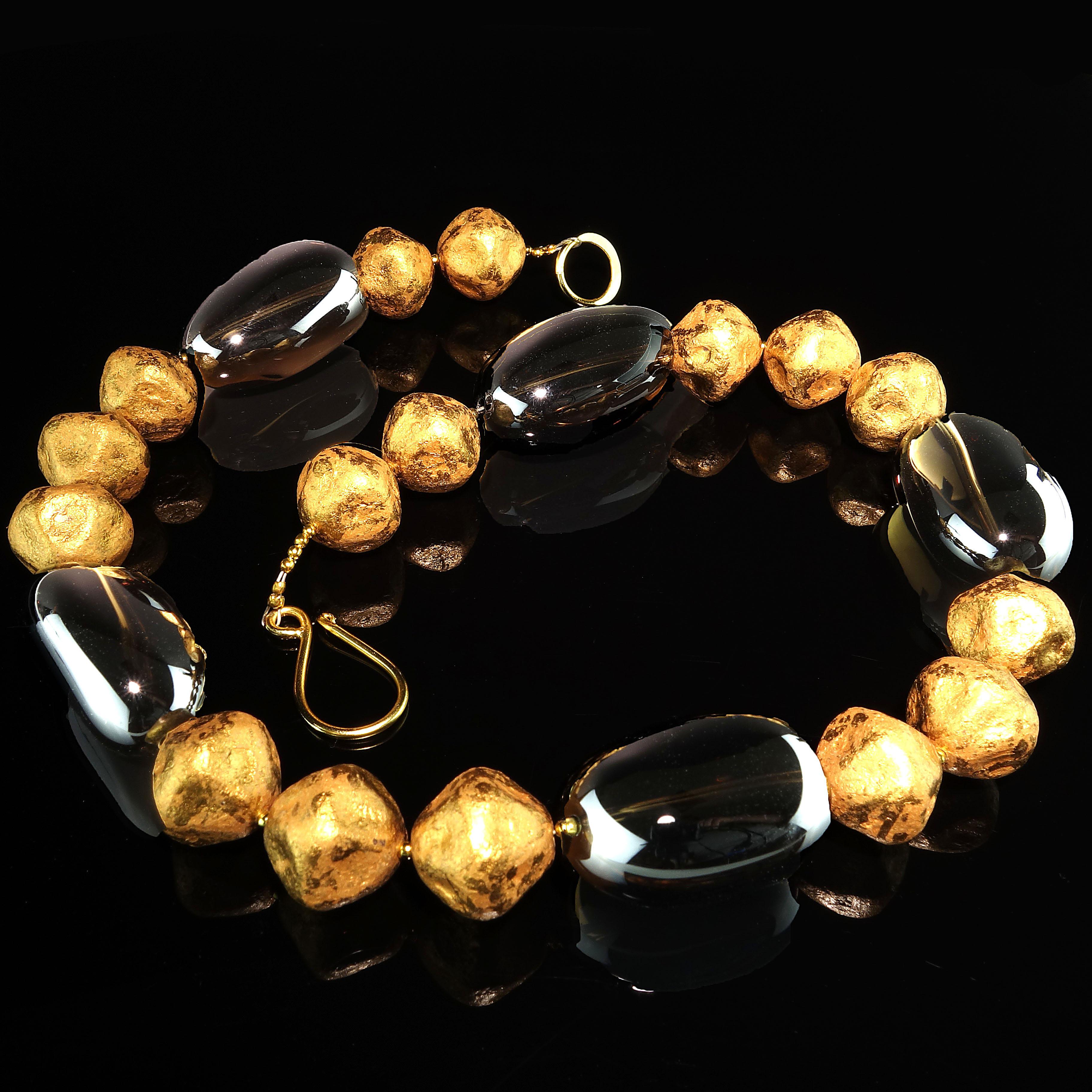 Artisan AJD Distinctive Smoky Quartz and Golden Czech Bead Necklace For Sale