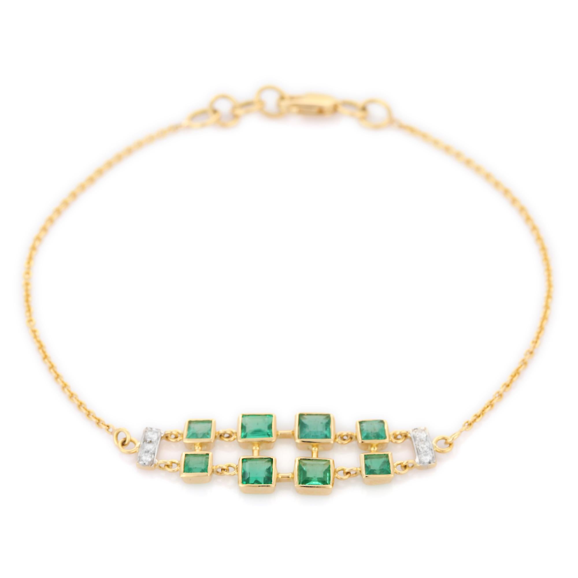 Women's Distinctive Square Cut Emerald and Diamond Bracelet Studded in 18K Yellow Gold For Sale