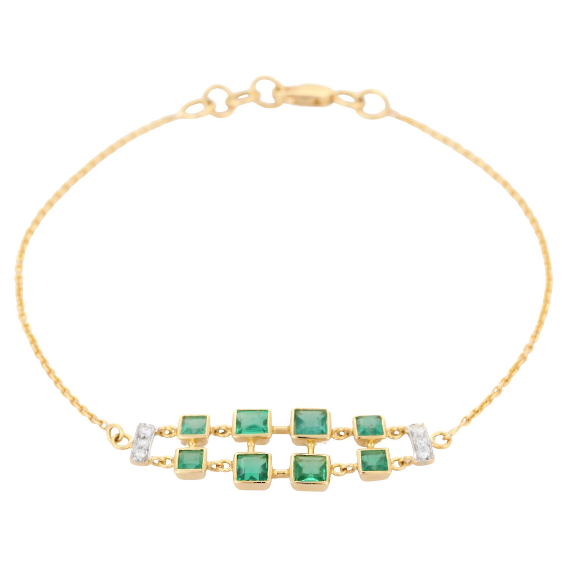 Distinctive Square Cut Emerald and Diamond Bracelet Studded in 18K Yellow Gold For Sale